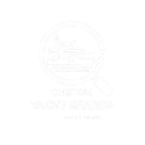 Minimalist white yacht with a search icon, representing expert yacht sourcing and personalized selection.