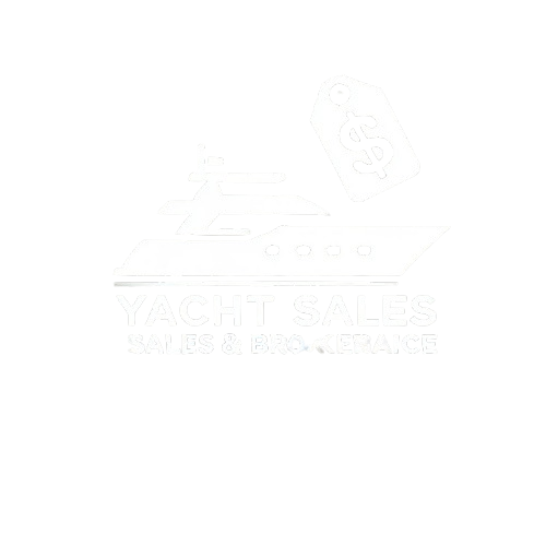 Minimalist white yacht with a price tag icon, representing luxury yacht sales and brokerage services.