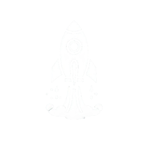 White minimalist rocket icon symbolizing ambition, growth, and innovation, representing the mission of Yacht Sea Gate in the luxury yachting industry.