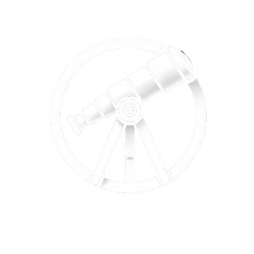 White minimalist telescope icon symbolizing foresight, strategic direction, and innovation, representing the vision of Yacht Sea Gate in the luxury yachting industry.