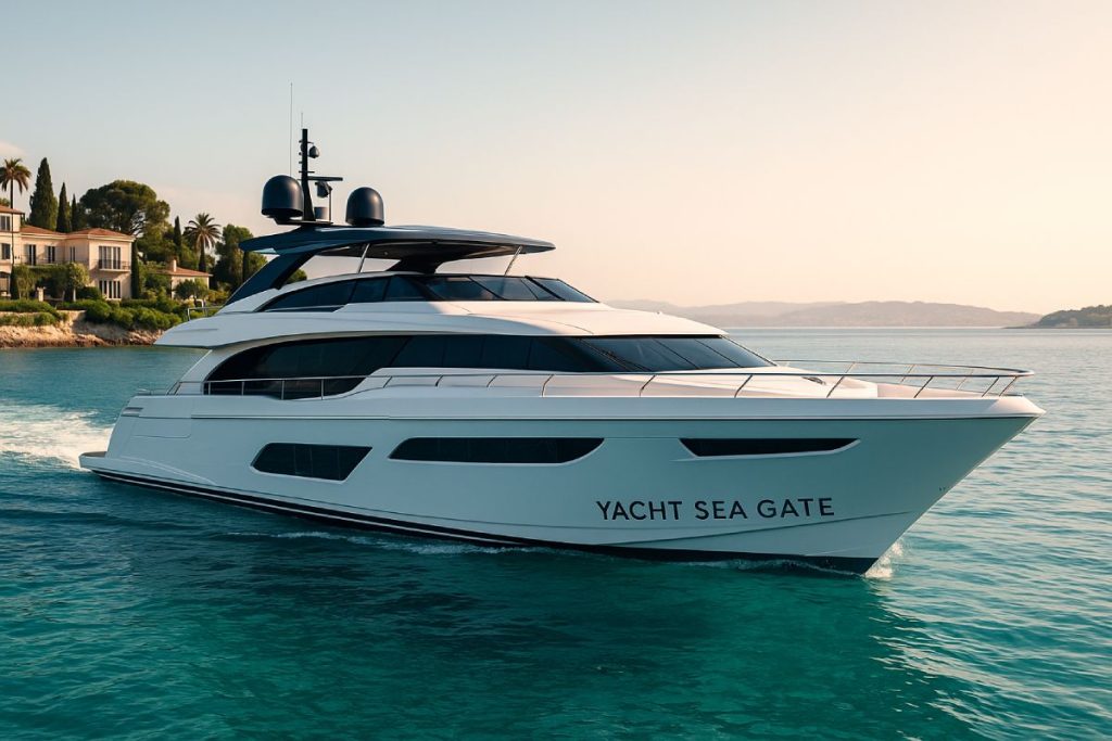 Modern luxury motor yacht from Yacht Sea Gate cruising through clear turquoise waters near a Mediterranean coastline, surrounded by upscale villas and lush greenery at sunset.
