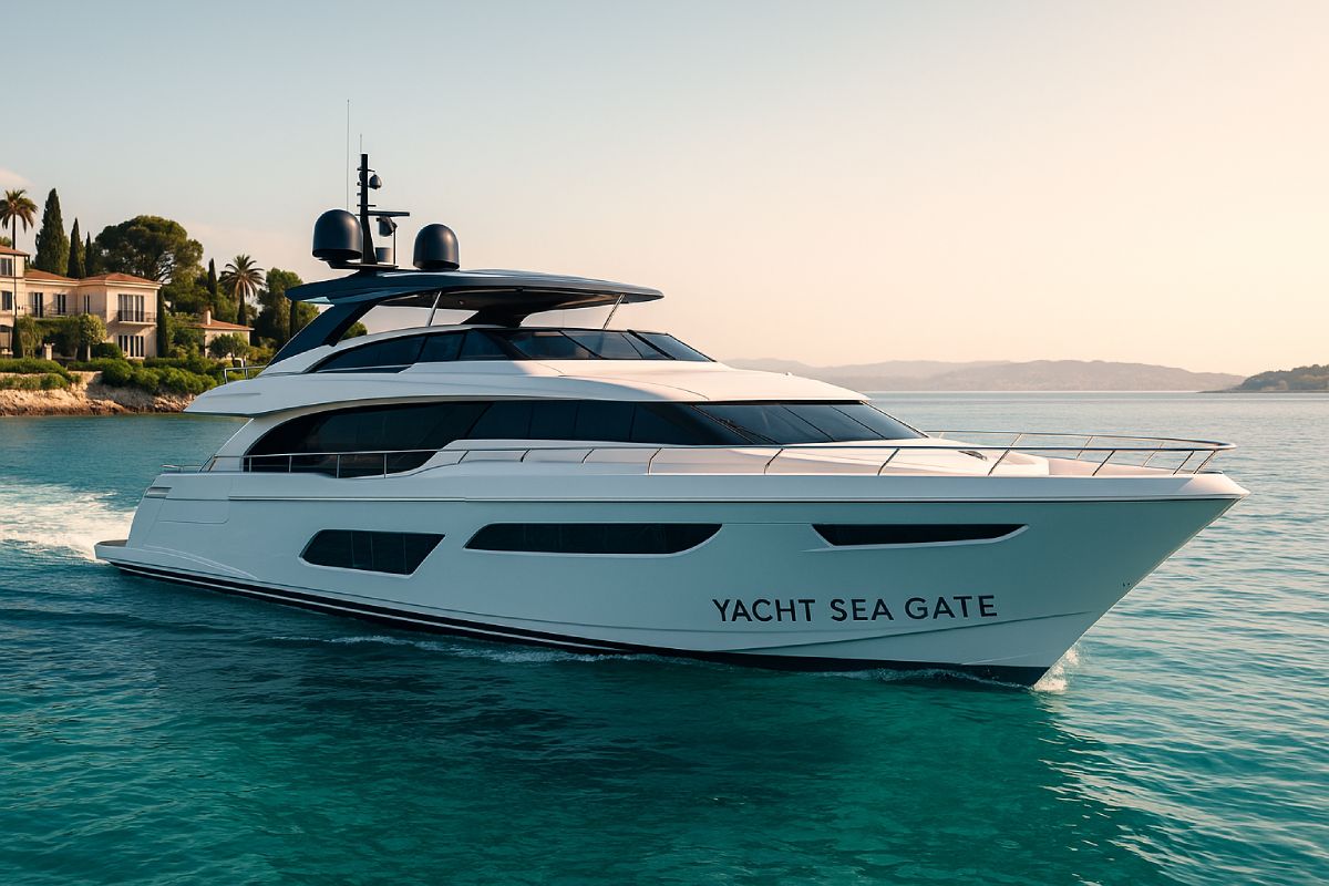 Modern luxury motor yacht from Yacht Sea Gate cruising through clear turquoise waters near a Mediterranean coastline, surrounded by upscale villas and lush greenery at sunset.