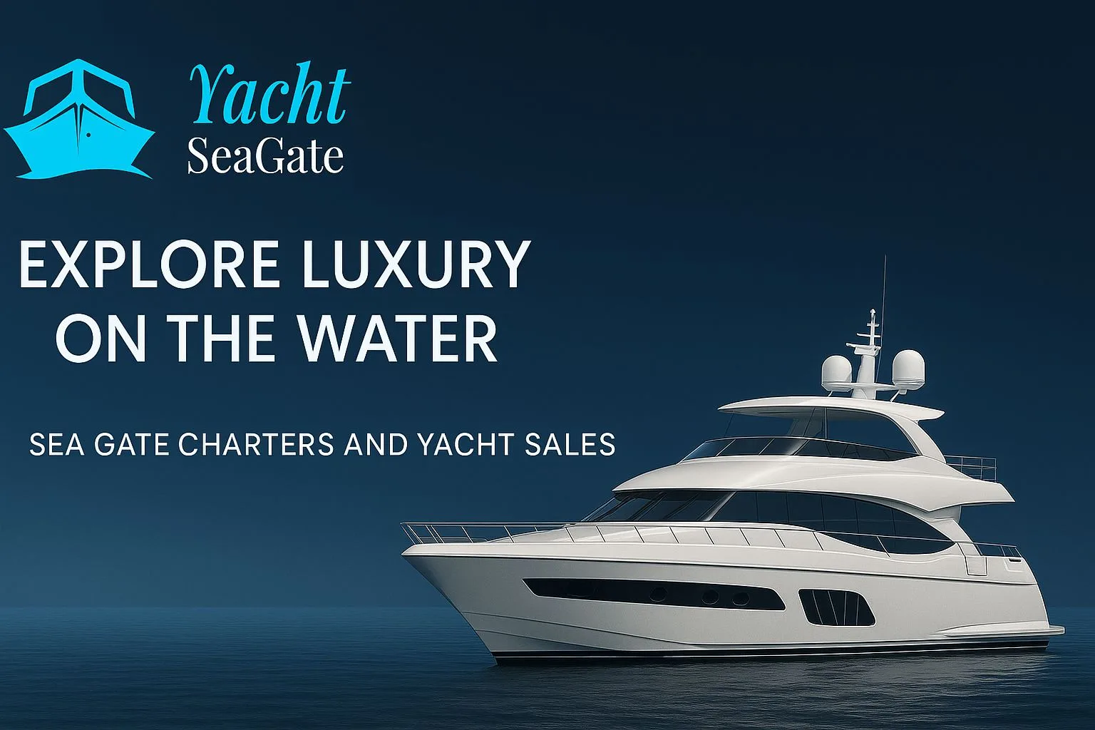 Luxury white yacht on calm blue water with Yacht SeaGate logo and text "Explore Luxury on the Water – Sea Gate Charters and Yacht Sales" against a dark blue gradient background.