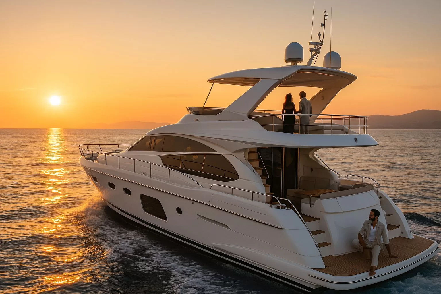 Luxury yacht cruising at sunset in the Mediterranean with people enjoying the deck.