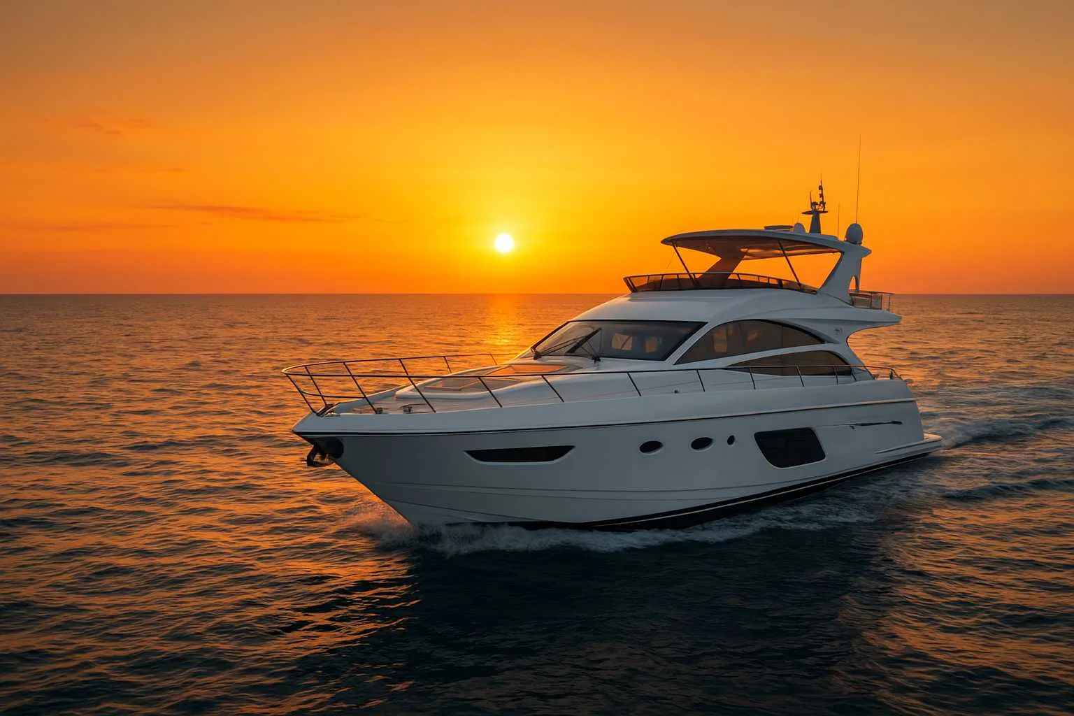 A sleek white luxury yacht cruising across calm ocean waters at sunset, with the golden sun low on the horizon and warm orange tones reflecting off the sea.